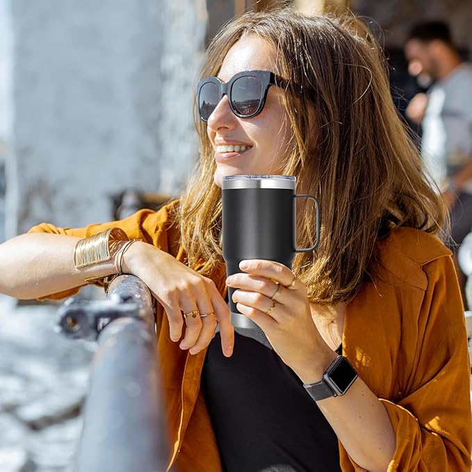 20 oz Stainless Steel Tumbler with Handle Metal Insulated Coffee Travel Mug with Handle Double Wall Tumbler Cup with Lid and Straw, 12 packs(1, NEW Black)