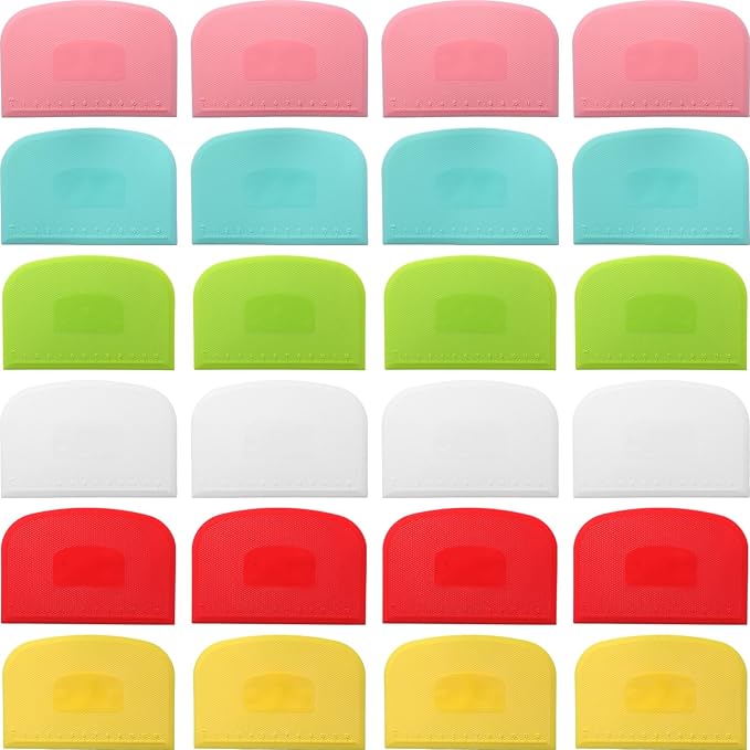 Uiifan 24 Pcs Plastic Bench Scraper with Scale Flexible Dough Multipurpose Cake Cutter Pizza Dough Spatula Food Scraper Tool Gift for Bread Pastry Fondant Icing, 6 Colors