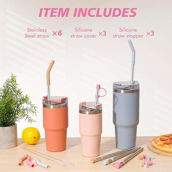 Stainless Steel Straws with covers fit Stanley 30oz tumbler, Reusable 10.5 Inch Metal Straw with Silicone Tips & Cover Caps, Compatible with Stanley Quencher H2.0 (6 Pack: 3 Bent + 3 Straight)
