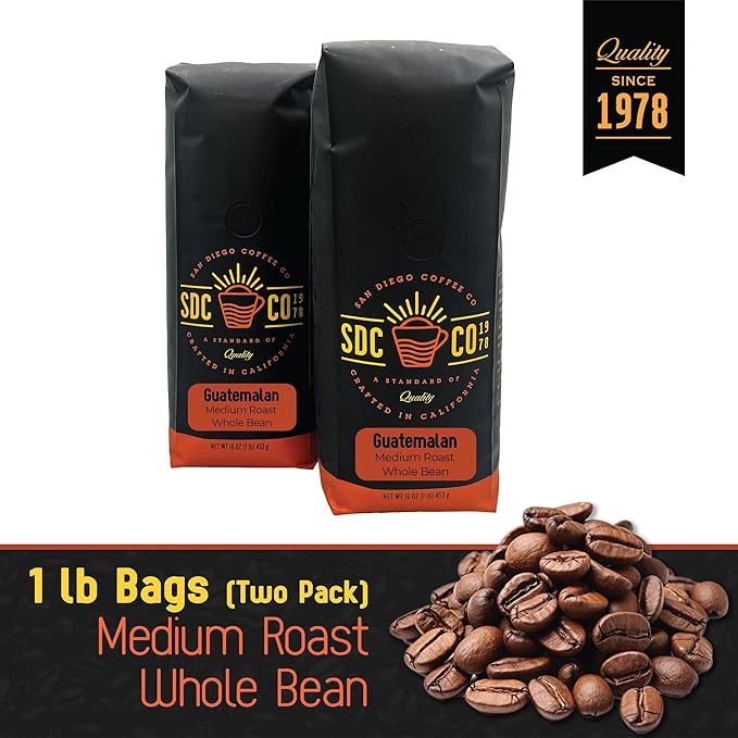 San Diego Coffee Guatemalan, Medium Roast, Whole Bean Coffee, 16-Ounce Bags (Pack of 2) Café en grano tostado