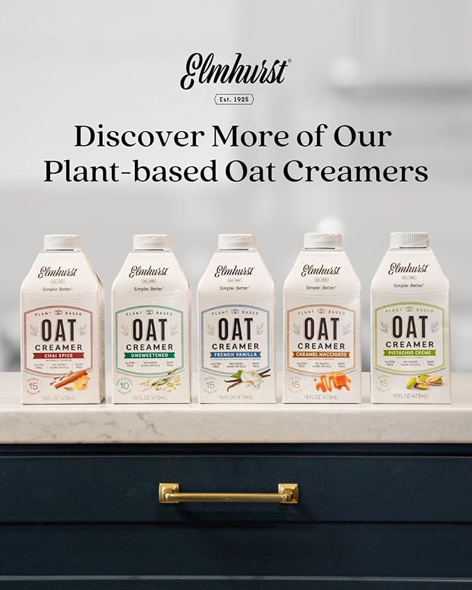 Elmhurst 1925 Unsweetened Oat Creamer - 16 Ounce (Pack of 6) Dairy-Free, Vegan, Kosher, No Sugar, Shelf Stable Creamer Made with Whole Grain Oats for Healthier, Simpler Plant Based Alternatives