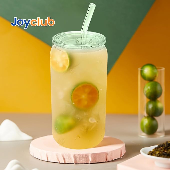 Joyclub 12pcs Glass Cups with Acrylic Lids and Straws 16 oz Can Shaped Glass Iced Coffee Cups with Lids and Straws, Cute Tumbler Cup Drinking Glasses for Smoothie Whiskey Boba Soda Tea Gift