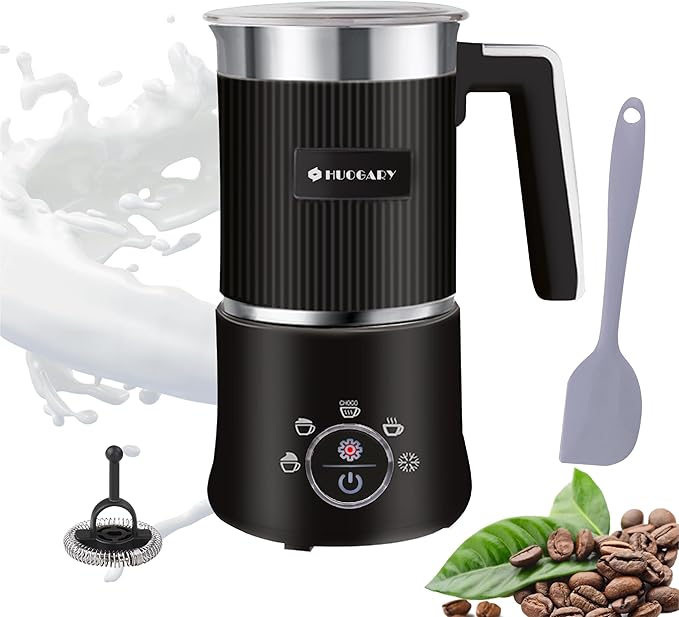 Huogary 5-in-1 Detachable Milk Frother Electric Milk Frother and Steamer Automatic Milk Foamer Frother Hot and Cold Foam Hot Chocolate Maker with Dishwasher Safe (Black)