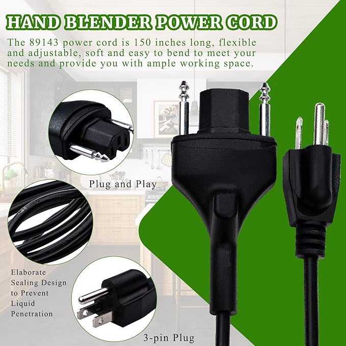Immersion Blender Power Cord Replacement Replace 89143 Fit for Robot Coupe Blenders MP Series MP350 MP450 MP550 MP600 MP800 Turbo Combi Series C Blender Extended Cords Parts 3-pin Plug 150" Black