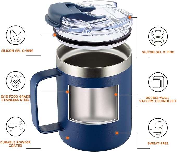 ALOUFEA 12oz Stainless Steel Insulated Coffee Mug with Handle, Double Wall Vacuum Tumbler Cup with Fliping Lid, Navy, 2 Pack