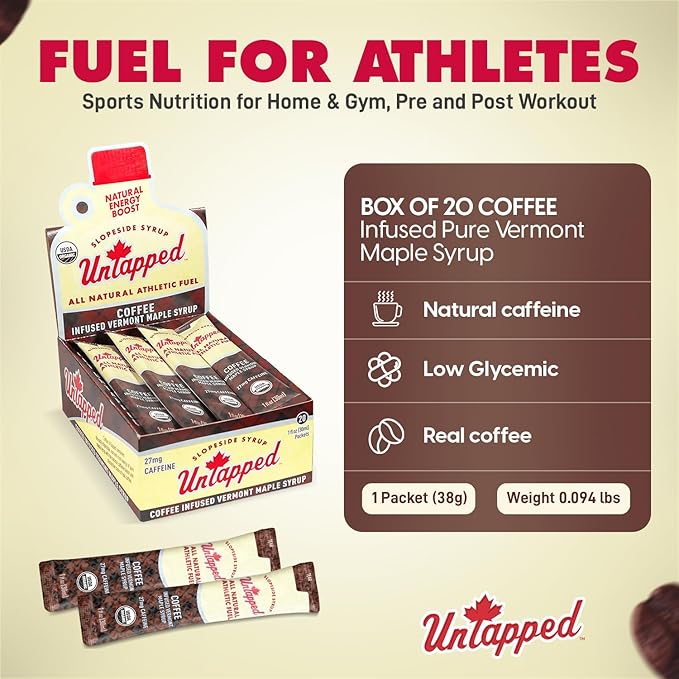 UnTapped Coffee Infused Vermont Maple Syrup Packets for Athletes, Box of 20-1 fl oz | Pure Maple Syrup with Organic Coffee for Natural Endurance Energy | Fuel to Keep You Running Longer