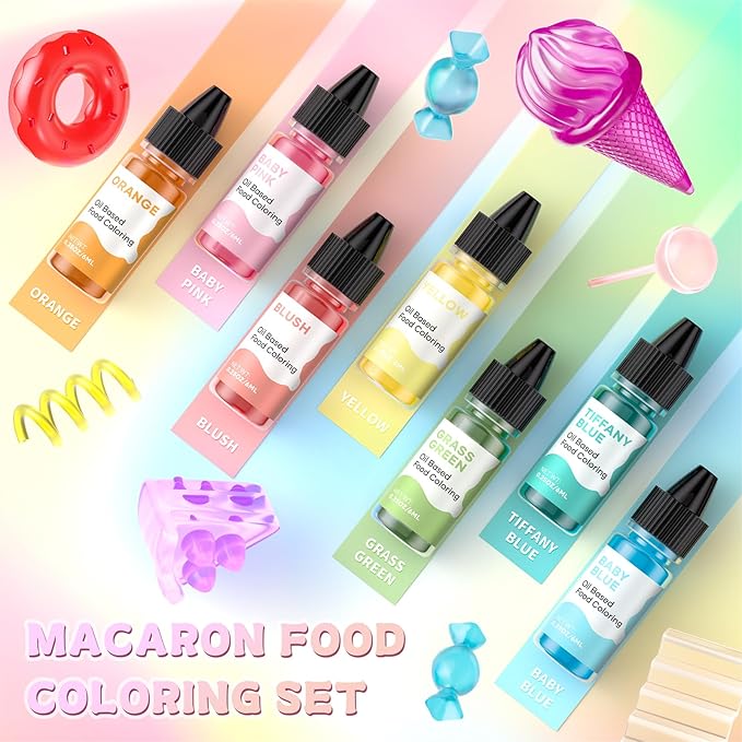 Oil Based Food Coloring for Chocolate Macaron Oil Edible Food Dye Set for Baking Royal Icing Cookie Supplies Gluten Free 7x6ml Food Grade Food Color Kit, 0.25 Fl. Oz/Bottles