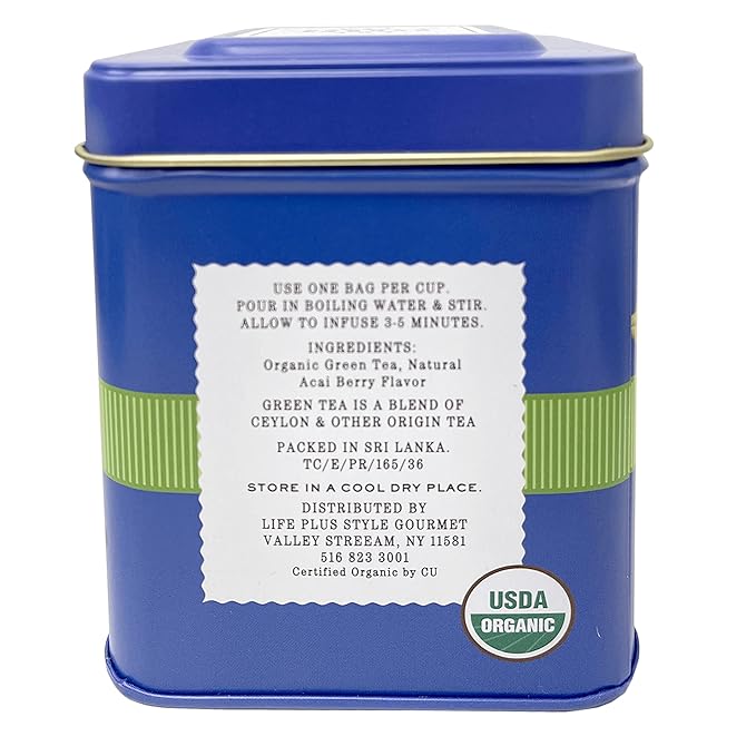 Organic Ceylon Acai Berry Green Tea - 50 Packets - Natural Antioxidant Rich Herbal Leaf Teabags - USDA Certified 100% Non-GMO - Caffeinated Designer Gift Tin