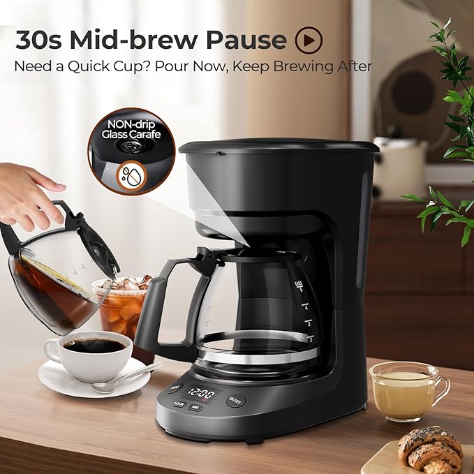 5-Cup Drip Coffee Maker with 24h Programmable Timer, Compact Coffee Machine with Food-grade Glass Carafe, 2h Keep Warm with Auto Shut-off, Delay Brew, 25oz Water Tank, Ideal for Home/Office