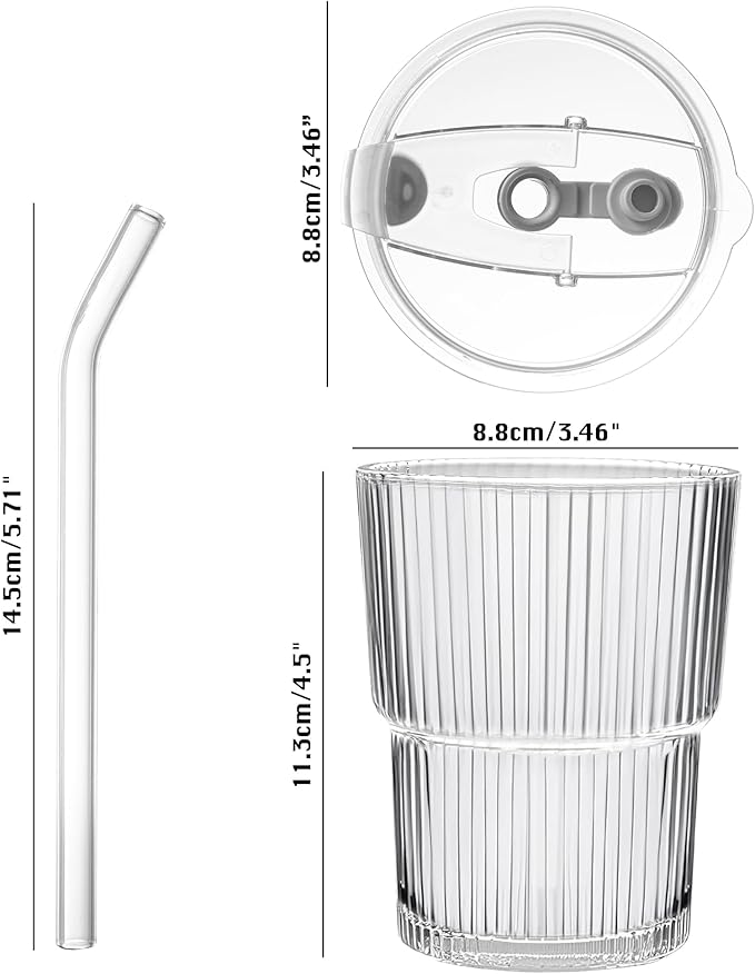 13oz/400ML Glass Tumbler with Straw and Lid Ribbed Vertical Ice Coffee Cups Sealed Carry on for Coffee Iced Tea, Thick Wall Glassware Tumbler Water Glass (Clear 1pc)
