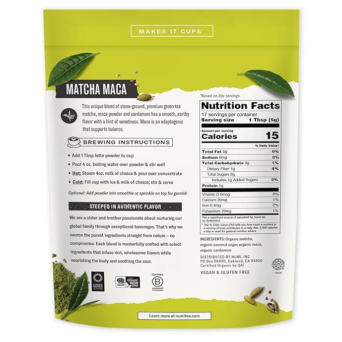Numi Organic Matcha Maca Latte Powder – Green Tea Matcha Latte Mix with Adaptogens & Antioxidants – Vegan & Gluten Free, 2.5 oz (Makes 17 Cups)
