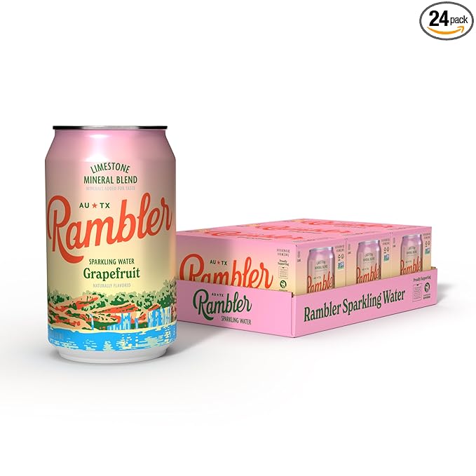AUTX RAMBLER Sparkling Water, Texas Limestone Mineral Blend, Grapefruit Flavor, 12-Ounce Cans, Three 8-Packs (24 Cans)