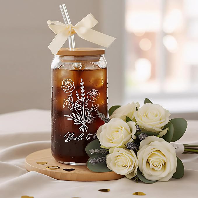 Bride To Be Glass Cup with Lid & Straw-Cute Aesthetic 16oz Iced Coffee Cup Smoothie Tumbler Gift for Engagement Bachelorette Bridal Shower Wedding
