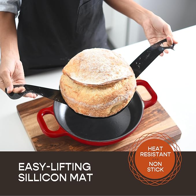Enameled Cast Iron Dutch Oven for Sourdough Bread Baking | 6 Quart Pot with Lid | 10 Inch Ceramic Enamel Thick Coated Cookware Set with Non Stick Silicone Baking Mat for Cooking | 6 Qt | Red
