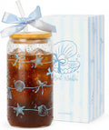 Ocean Animals Glass Cup with Lid and Straw, 16oz Iced Coffee Cup Tumbler Beach Gifts for Women Girls Conch Anniversary Birthday Mom Wife Sister Friends Colleagues