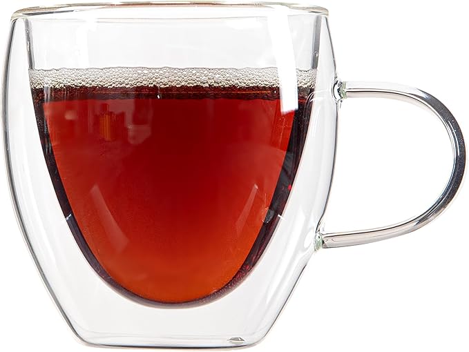 Restaurantware-Forma Professional 5.1 Ounce Glass Coffee Cups, 12 Insulated Coffee Cups With Handle - Dishwashable, Reusable, Clear Double Wall Beverage Tumblers, Freezable, For Hot Or Cold Beverages