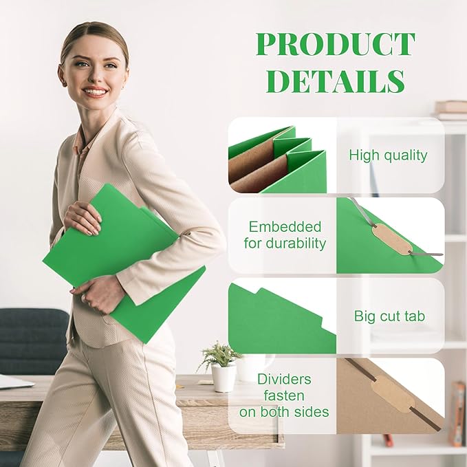 12 Pcs Classification Folders Letter Size, Back to School Supply for Teacher, Student, 2 Pocket Dividers Pressboard File Folder Bulk with 2 Fasteners, 2 in Expanding File Organizer (Green)