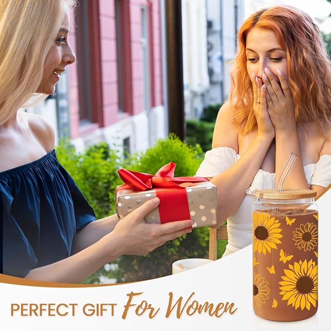 Sunflower Gifts for Women - Sunflower Cup 16 Oz Can Glass Coffee Cups with Bamboo Lid and Straw - Gift for Birthday