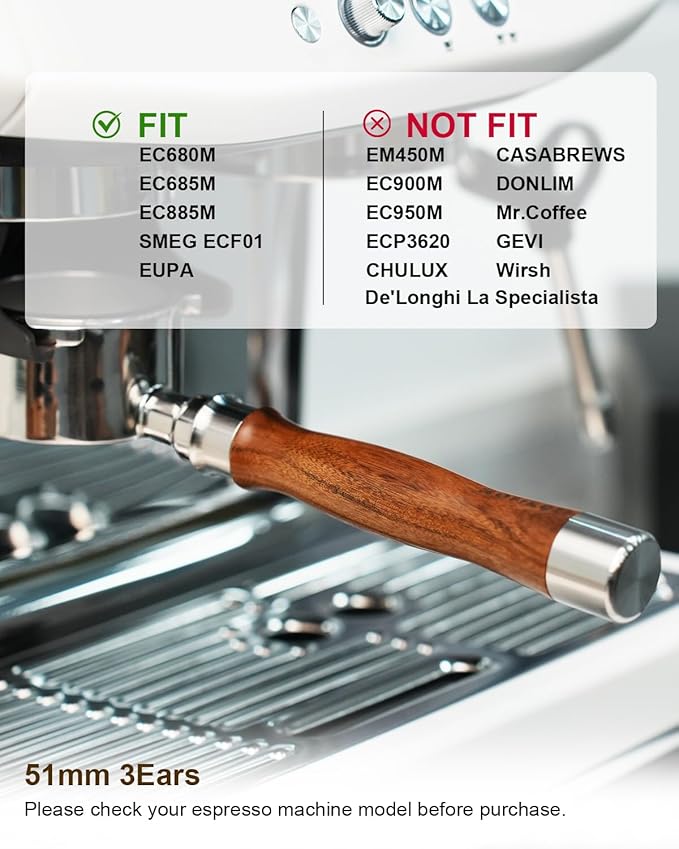 51mm Bottomless Portafilter 3 Ears Compatible with Delonghi Dedica EC680/EC685/EC885 and SMEG, EUPA Espresso Machines, Espresso Naked Bottomless Portafilter with Puck Screen and 18g Filter Basket-Wood