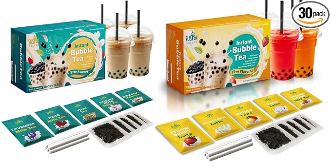 Fusion Select Authentic Bubble Tea Kit Extra Rich (5 Packs) Bubble Tea Drink, Boba Tapioca Pearl, Straws, Popular Bubble Tea Flavors (10 Flavors)