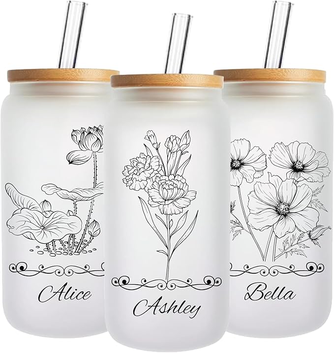 Mason Life Personalized Glass Cup with Name-Can Shaped Glass with Lids and Straws-18OZ Iced Coffee Cups (Birthflower)