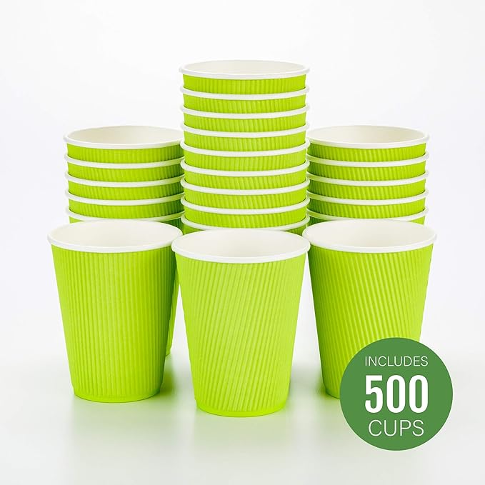 Restaurantware-12 Ounce Disposable Coffee Cups, 500 Ripple Wall Hot Cups For Coffee - Lids Sold Separately, Rolled Rim, Green Paper Insulated Coffee Cups, For Hot Coffee, Tea, And More