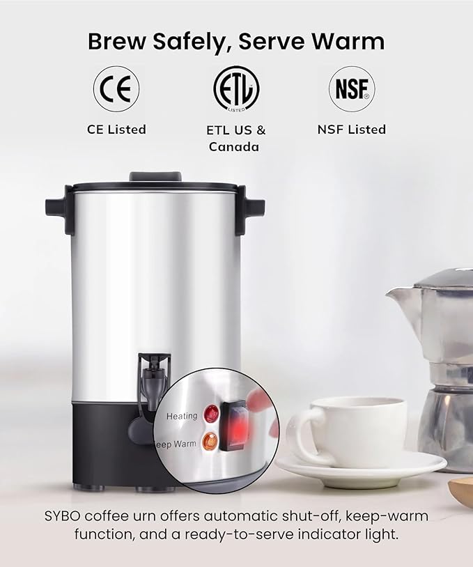 SYBO Commercial Grade Stainless Steel Percolate Coffee Maker, Hot Water Urn for Catering, Hot Beverage Dispenser, 40-Cup, 4.5L, Metallic