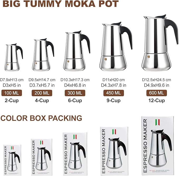 4 Cup Stovetop Espresso Maker Stainless Steel Moka Pot Stove Top Percolator Italian Coffee Makers Capable Mocha Greca Machine Cafe Classic Induction Cookers for Home and Camping 200ml 6.6oz