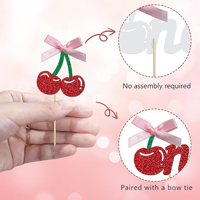 24 Pack Cherry 1st Birthday Cupcake Toppers, Glitter Cherry First Birthday Cake Pick for Fruits Theme One Birthday Party Cake Decorations Supplies (Ribbon One)