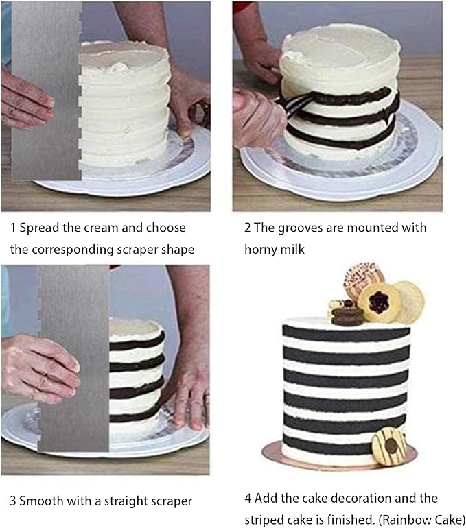 3 Pieces 8.7 Inche Stainless Steel Cake Scraper，Double Sided Patterned Edge Stripe Edge Smoother Scraper Cake Decorating，Cake Decorating Comb Cake Scraper (3, 3)