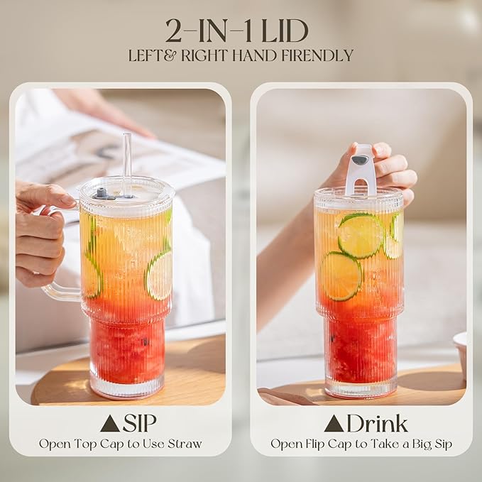 Large 26oz Clear Glass Mug with Handle and Sliding Lid – Aesthetic Ribbed Tumbler for Iced Coffee, Tea, Smoothies & Hot Drinks – Reusable Travel Cup with Straw, Dishwasher Safe (Ribbed Tumbler)