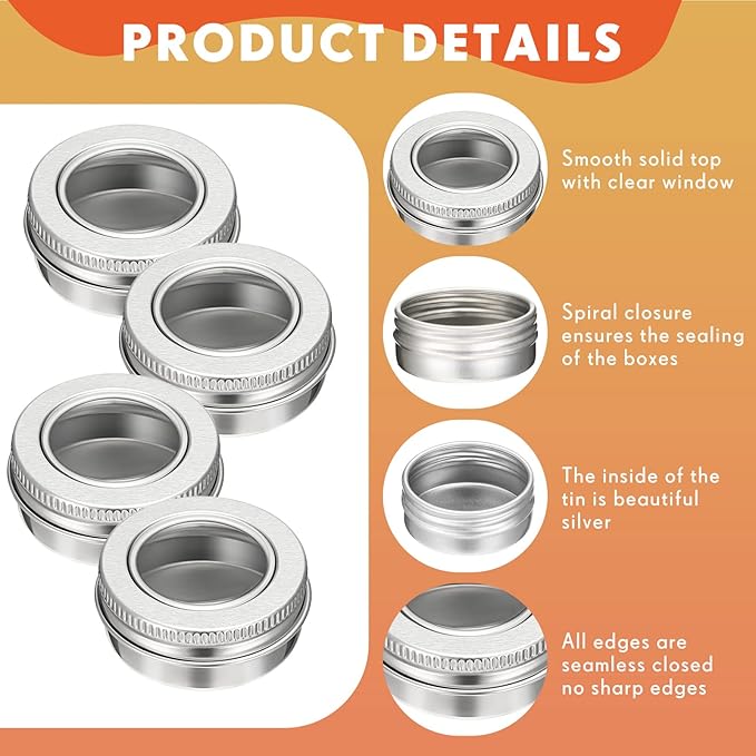 100 Pcs 0.5 Ounce Aluminum Tin Jar 15 ml Refillable Containers Clear Top Screw Lid Round Tin Container Bottle for Cosmetic, Cream, Diamond Painting, Salves, Balms, Lip Balm, Spices or Others, Silver
