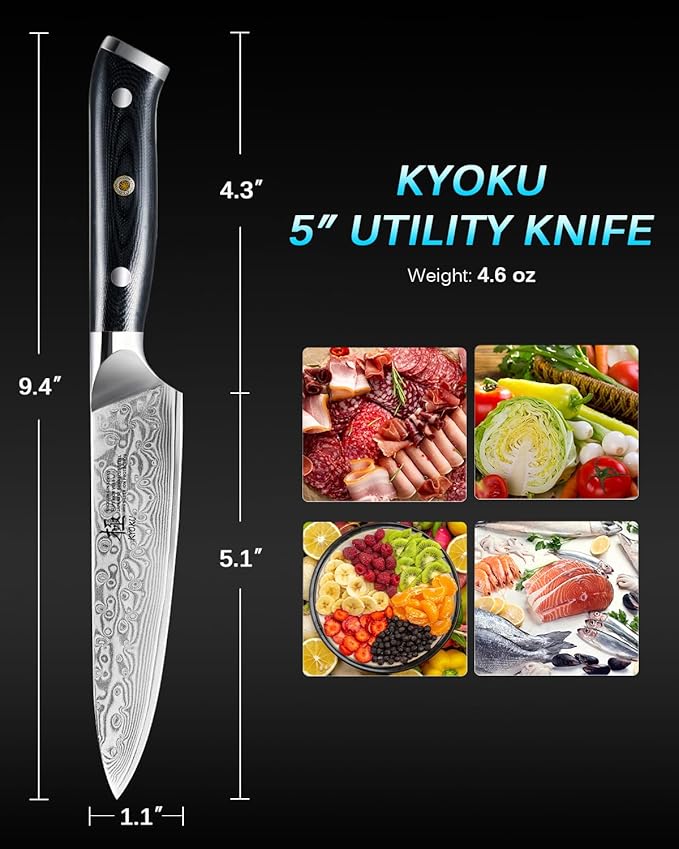 KYOKU Gin Series 5" Utility Kitchen Knife, Japanese VG10 Damascus Stainless Steel Knife with Silver Ion Blade G10 Handle Mosaic Pin, All Purpose Professional for Meat Veg and Fruit