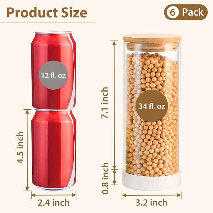 34oz Round Glass Storage Containers with Bamboo Lids – 6 Pack Clear Food Airtight Glass Jars for Pantry Organizers and Storage, Kitchen Dry Food, Flour, Cereal, Coffee Beans & Staples