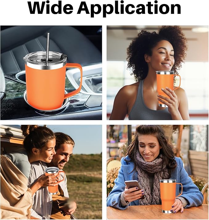 20 oz Tumbler with Handle, Stainless Steel Insulated Tumbler with Lid and Straw, Double Wall Vacuum Coffee Mug Tumbler, Insulated Coffee Thermal Cup for Cold and Hot (Orange, 20 Ounces)