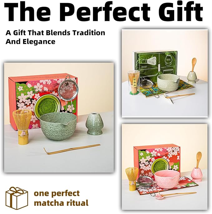 8 PCS Matcha Whisk Set, Ceramic Matcha Set, Includes Bowl, Matcha Whisk Holder Matcha Bamboo Whisk, Scoop, Sifter, Unique Gift for Matcha Lovers (A)