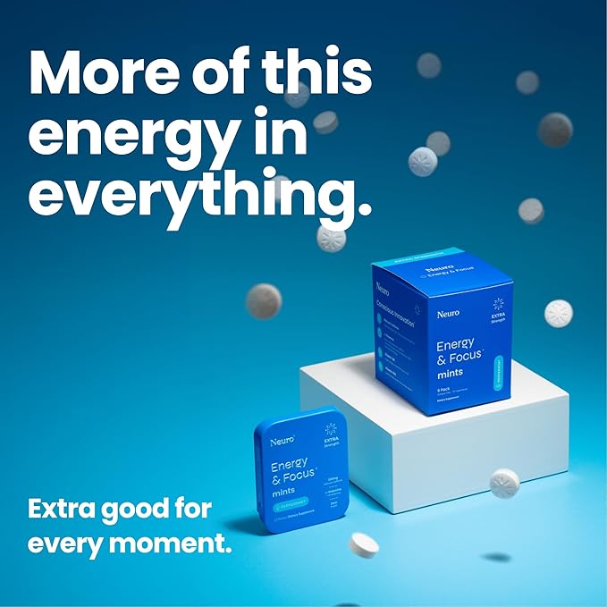 Neuro Energy & Focus Mints, Extra Strength - Sugar Free Breath Mints with 100mg Natural Caffeine, B Vitamins & L-Theanine - Vegan Brain Supplement for Exercise, Study & Daily Focus - Peppermint, 90 ct