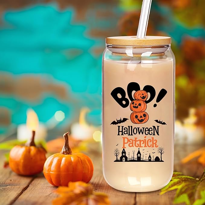 Personalized Halloween Tumbler-Boo Basket Stuffers- Can Shaped Glass with Lids and Straws18OZ -Halloween Gifts for Men Women Kids Son Daughter