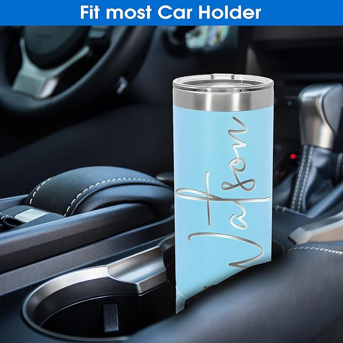 Personalized 20oz Skinny Tumbler: Engraved, Stainless Steel, Insulated, Leak-Proof Lid & Straw, Hot/Cold for Hours, for Coffee, Water, Wine, Gift for Birthdays, Christmas, 25 Designs (Light Blue)