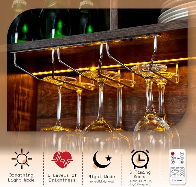 AMERLIFE 72'' Coffee Bar Wine Cabinet with Sliding Barn Door, Farmhouse Kitchen Sideboard, Buffet Storage Table, Wine Glass Racks, 3 Drawers, LED Lights, Tall Hutch Home Bar Dark Rustic Oak