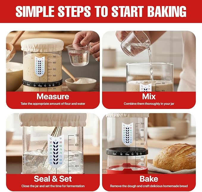 Sourdough Starter Kit, 24 Oz Sourdough Jar with Measuring Cup, Thermometer, Spatula, Dough Scraper, Bread Lame, Silicone Base & Cloth Cover, Feeding Band, Bread Baking Supplies for Bakers (24 Oz)