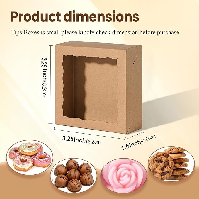 3.2x3.2x1.5 Inches 100PCS Chocolate Truffle Boxes Mini Bakery Boxes with Window for Cookies,Soap,Donut, Macaron,Brownie(Brown)