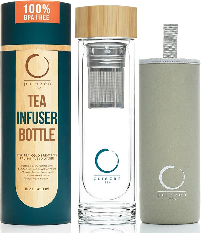 Pure Zen Tea Infuser Bottle - Insulated Glass Bottle for Loose Leaf Infusions - Tea Tumbler with Infuser - Portable Travel Mug for Infused Water - Thermos with Diffuser on the Go - 15 oz