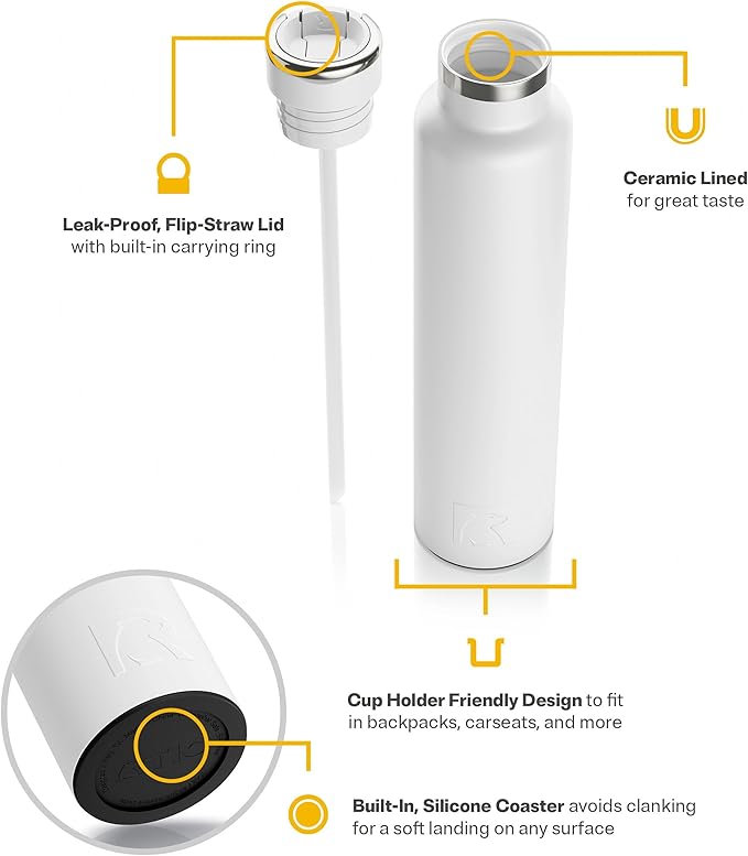 RTIC 26oz Journey Bottle Metal Stainless Steel Vacuum Insulated, BPA Free, Reusable, for Water, Hot and Cold Drinks, Travel, Sports, Camping, White