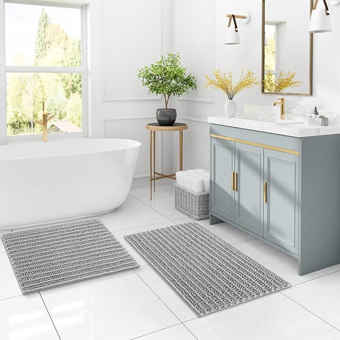 Arotive Luxury Chenille Bathroom Rug Mat, Extra Soft Thick Absorbent Shaggy Bath Rugs, Non-Slip Machine Wash Dry, Plush Bath Mats for Bathroom, Shower and Tub, 47x17, Light Grey