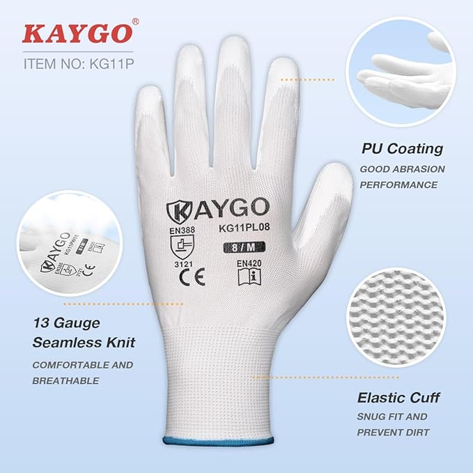 KAYGO Safety Work Gloves PU Coated-12 Pairs, KG11PB, Seamless Knit Glove with Polyurethane Coated Smooth Grip on Palm & Fingers, for Men and Women, Ideal for General Duty Work (Small, White)