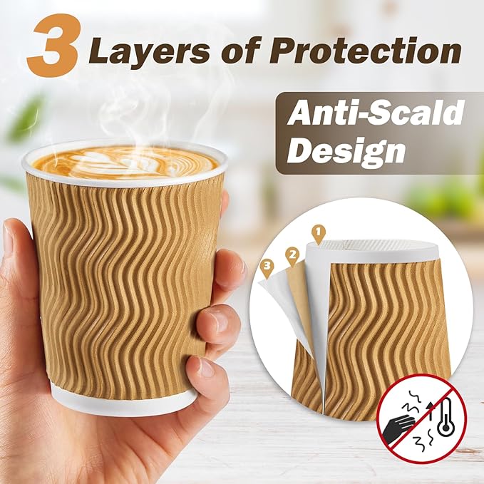 90 Pack - 8 oz Disposable Coffee Cups with Lids and Straws,To go Coffee Cups,Insulated Corrugated Paper Cups,Kraft Ripple Wall Cups for Hot Beverage or Cold Drinks -Champagne