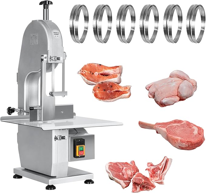 Commercial Electric Meat Bone Saw Machine, Kitchen Frozen Food Processor, Adjustable Thickness 0.6-5.9”, Butcher Band Saw with 20x15” Work Table for Chicken Fish Beef Bread