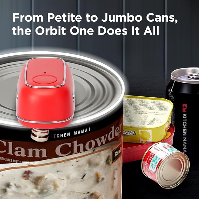Kitchen Mama Orbit One Rechargeable Electric Can Opener: Hands-free, USB-C Charging, Automatic Stop, Smooth Edge, Safety, Blade for Large Cans, Heavy Duty, Soda Can and Pop Can, with Storage Box (Red)