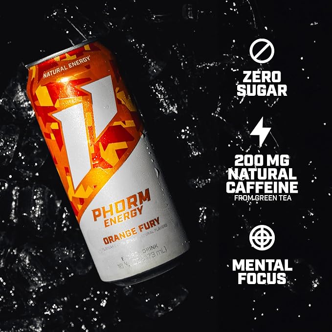 Phorm Energy Drink, Orange Fury Flavor, 200 MG Natural Caffeine From Green Tea, Sugar Free Carbonated Drink With Electrolytes & Vitamin B12, Dairy & Gluten Free, Vegan, 16 FL Oz Cans, 12 Pack